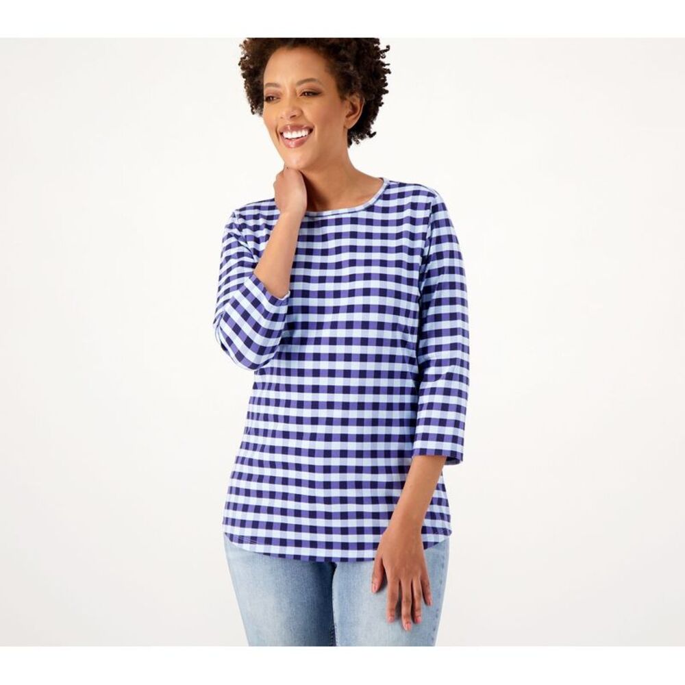 Denim & Co. Women's Top Plus Sz 1X Printed Perfect Jersey Crew Neck Blue A390518